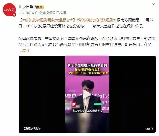 靳东谈微短剧行业乱象：流量至上催生“霸总”题材泛滥