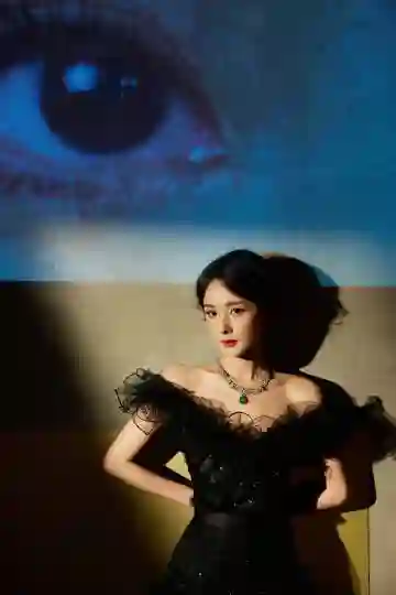 杨幂穿黑裙戴绿宝石项链 光影间演绎奢华贵气
