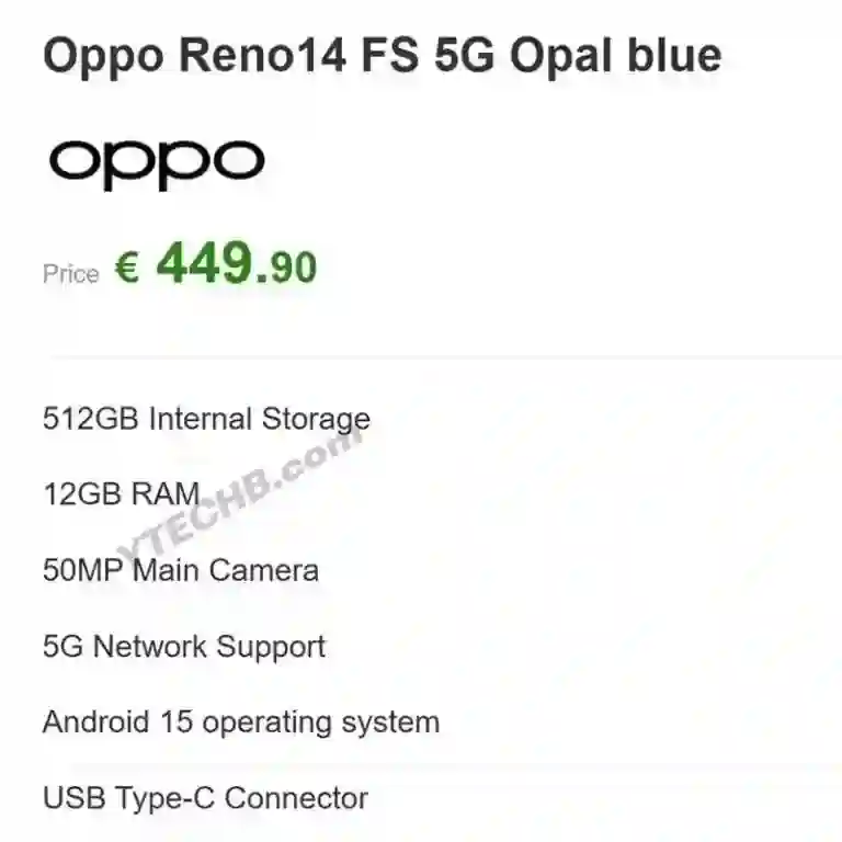 OPPO Reno14 FS 5G手机曝光：5000万主摄，12GB+512GB组合售450<em>欧元</em>