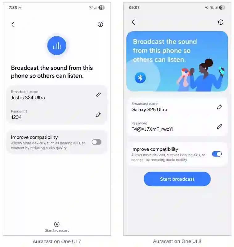 三星One UI 8新Auracast界面曝光：界面更直观、广播状态一目了然