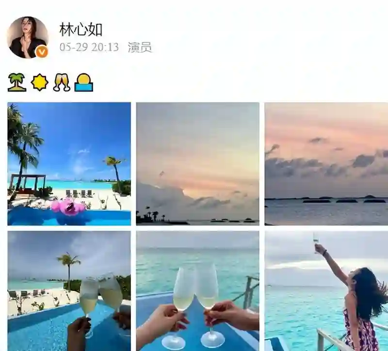 林心如度假秀美照！穿吊带印花裙皮肤晒黝黑，和霍建华碰杯喝香槟