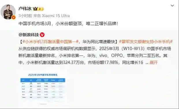 小米3月中国手机市场份额登顶 <em>卢伟冰</em>：唯二正增长的品牌
