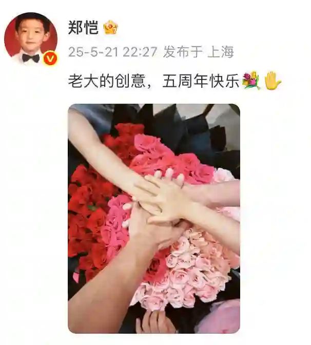 郑恺晒全家叠手照与苗苗纪念结婚五周年